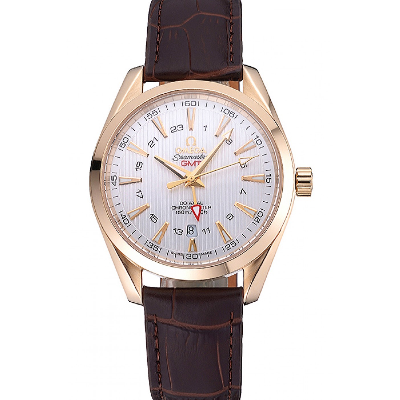 MiroTime Omega Seamaster Planet Ocean GMT White Dial Gold Case Brown Leather Band 622399