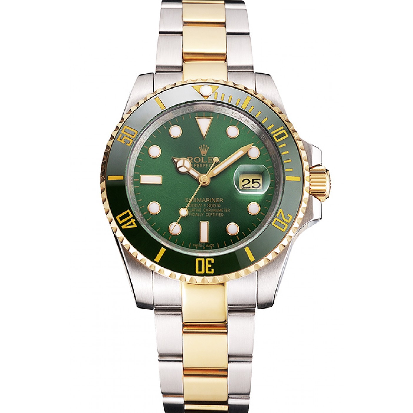 MiroTime Swiss Rolex Submariner Green Dial And Bezel Two Tone Steel Gold Bracelet