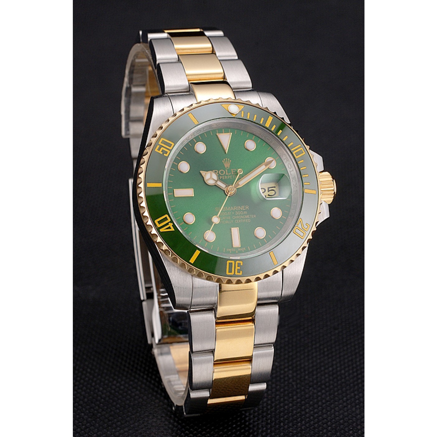MiroTime Swiss Rolex Submariner Green Dial And Bezel Two Tone Steel Gold Bracelet