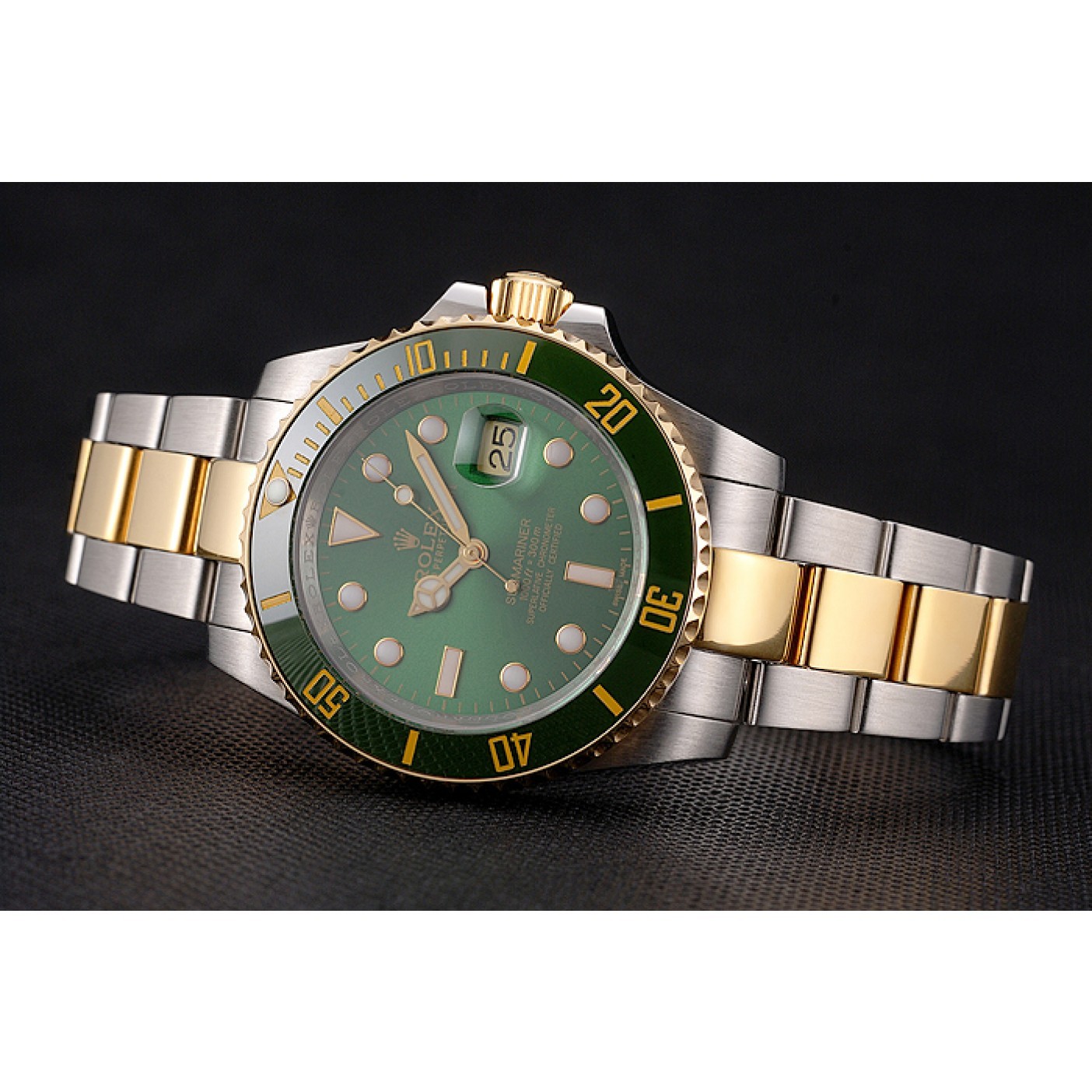 MiroTime Swiss Rolex Submariner Green Dial And Bezel Two Tone Steel Gold Bracelet