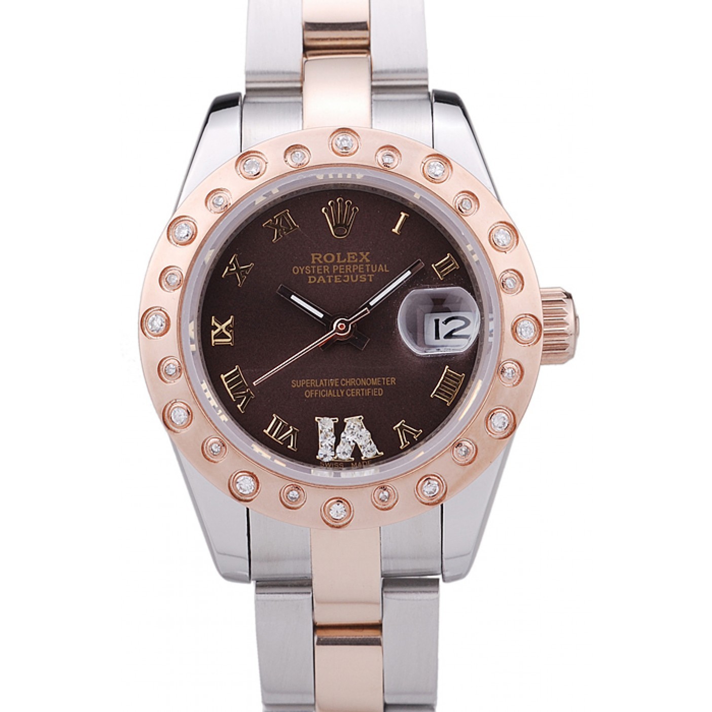 MiroTime Rolex Datejust Diamonds Rose Gold Polished Bezel Brown Dial 7475