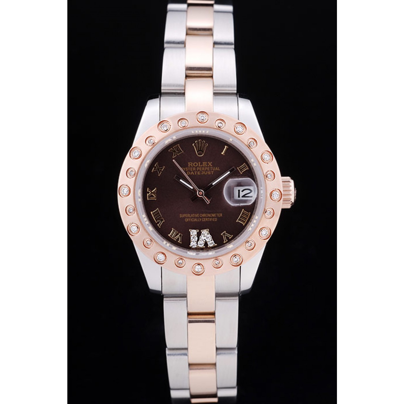 MiroTime Rolex Datejust Diamonds Rose Gold Polished Bezel Brown Dial 7475