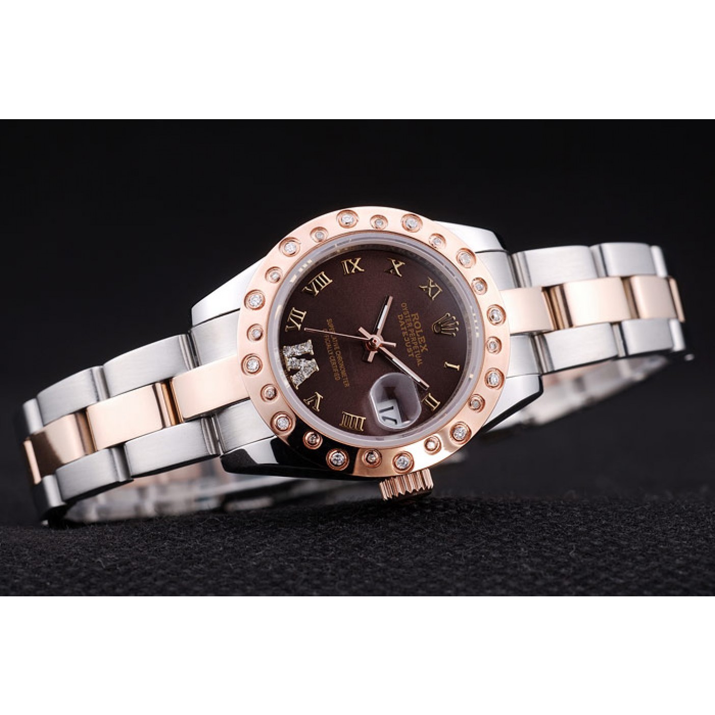 MiroTime Rolex Datejust Diamonds Rose Gold Polished Bezel Brown Dial 7475
