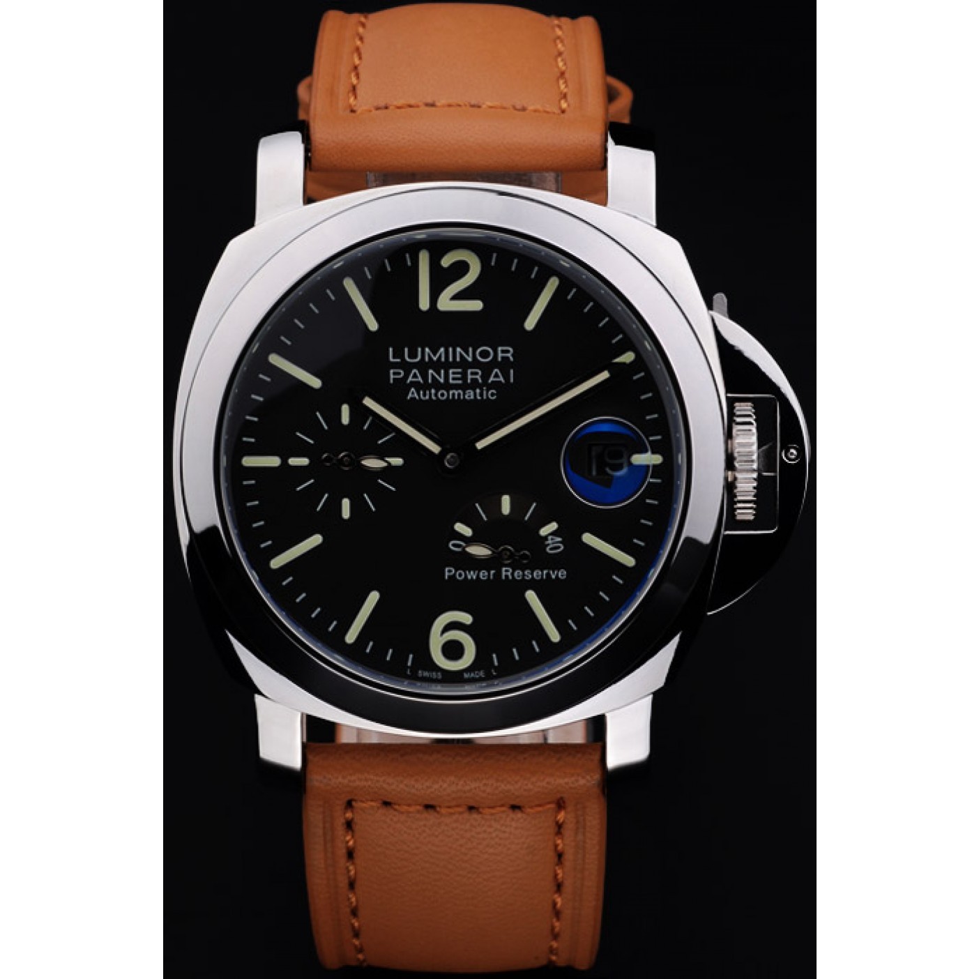 MiroTime Panerai Luminor Power Reserve Black Dial Steel Case Brown Leather Bracelet