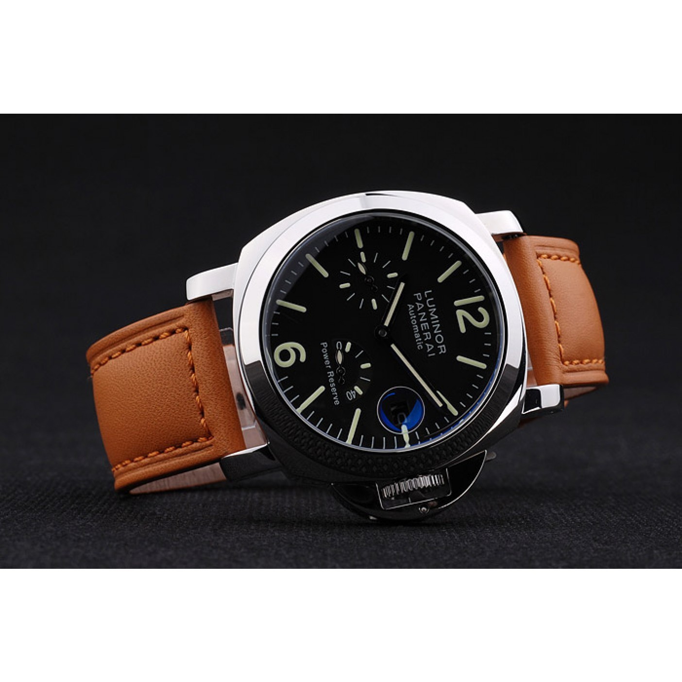 MiroTime Panerai Luminor Power Reserve Black Dial Steel Case Brown Leather Bracelet