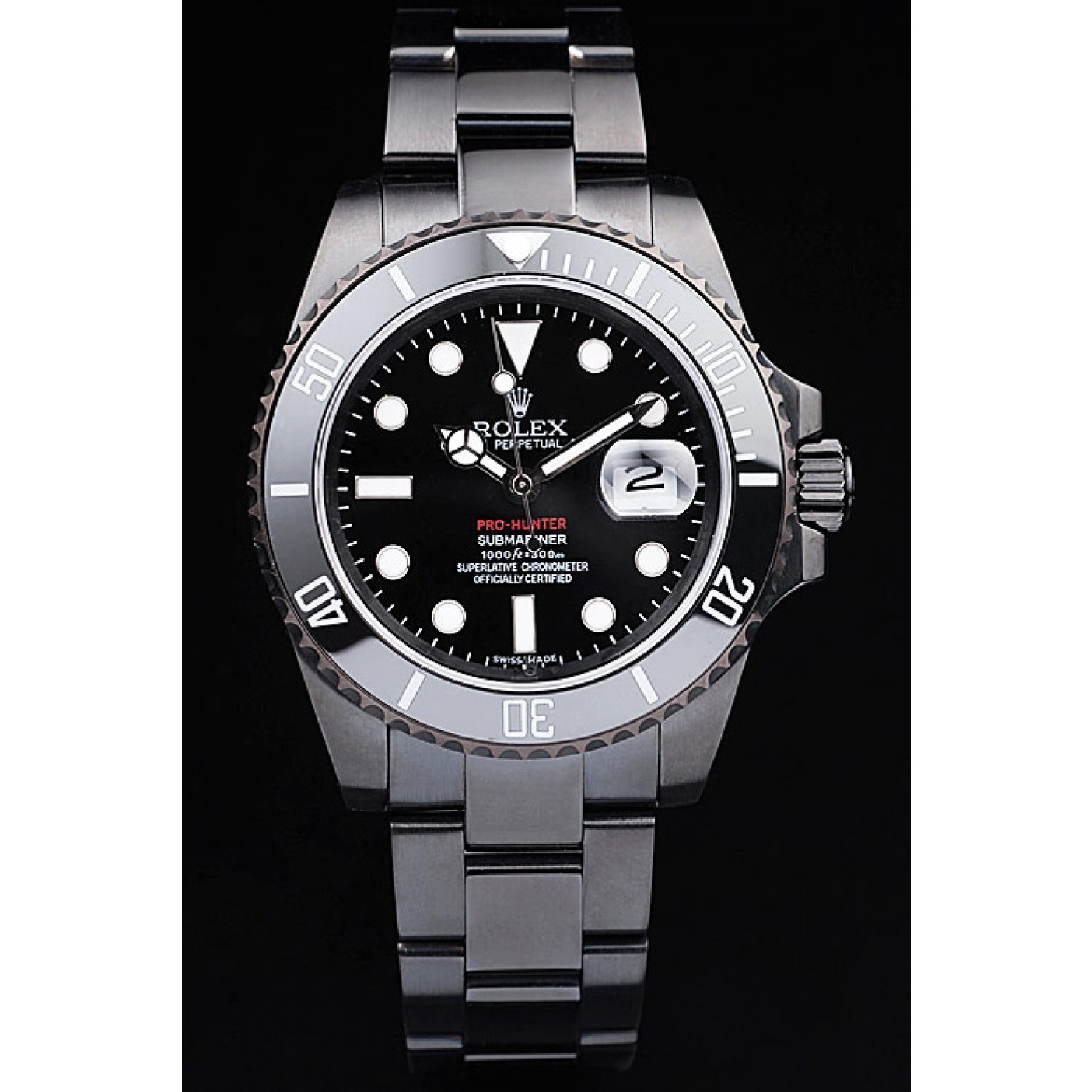 MiroTime Rolex Swiss Submariner Pro-Hunter Black Steel Strap Black Dial