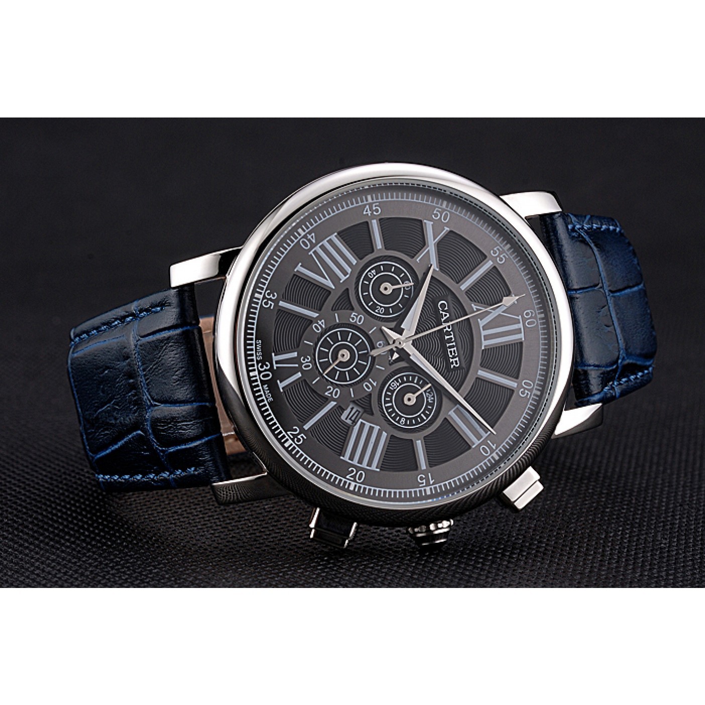 MiroTime Cartier Rotonde Chronograph Black Dial Stainless Steel Case Blue Leather Strap