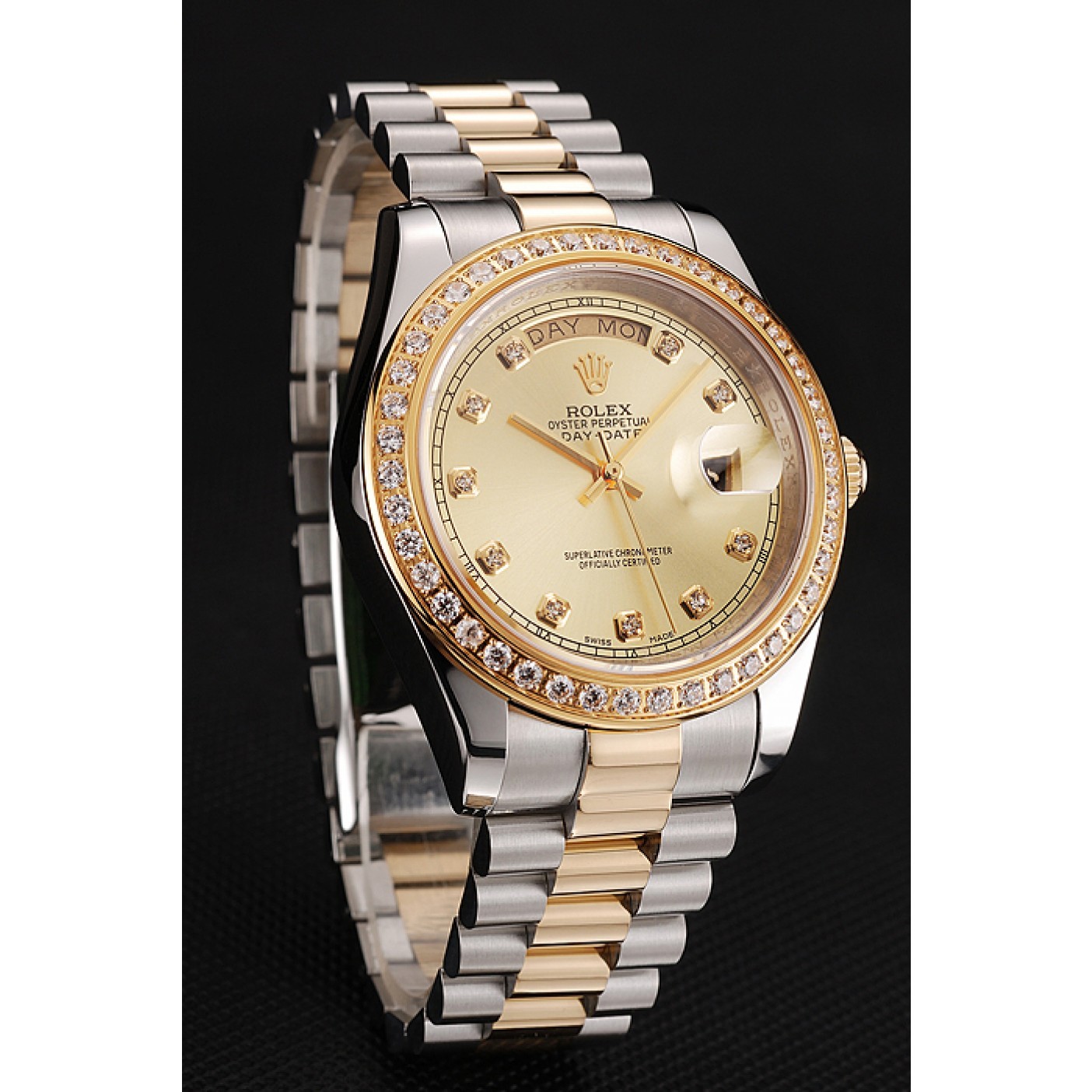 MiroTime Swiss Rolex Day-Date Champagne Dial Gold Diamond Case Two Tone Stainless Steel Bracelet 1453974