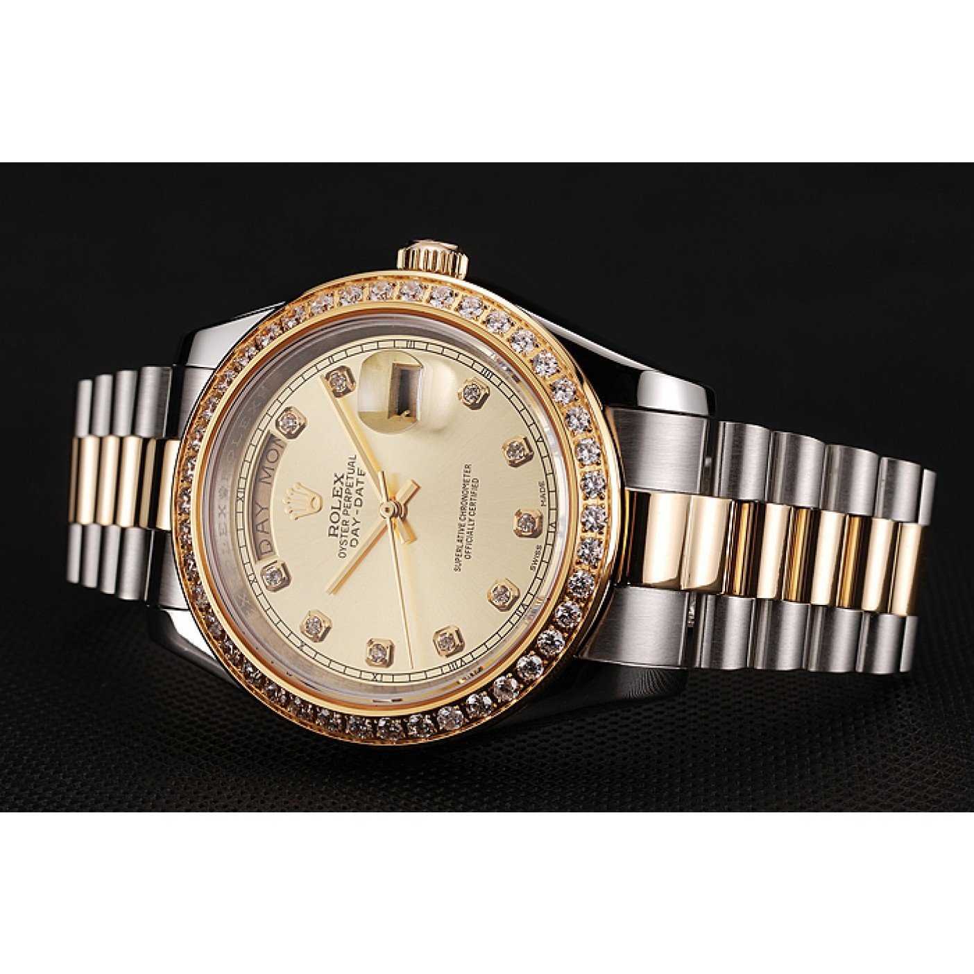 MiroTime Swiss Rolex Day-Date Champagne Dial Gold Diamond Case Two Tone Stainless Steel Bracelet 1453974