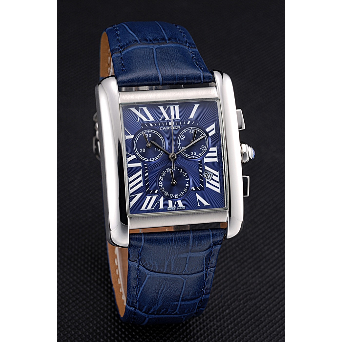 MiroTime Cartier Tank MC Blue Dial Stainless Steel Case Blue Leather Bracelet 622691