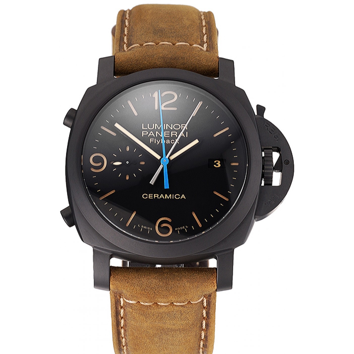 MiroTime Swiss Panerai Luminor Ceramica Flyback Chronograph Black Dial Black Case Brown Leather Strap