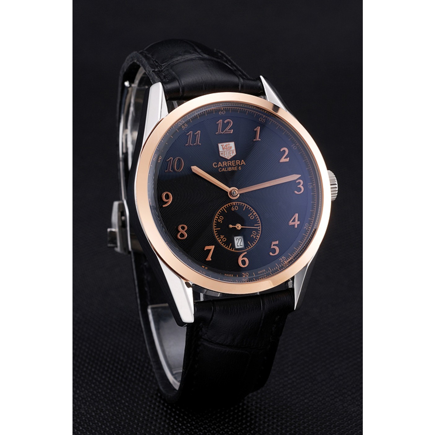MiroTime Tag Heuer Carrerra Calibre 6 Black Dial Rose Gold Black Leather Band 622163