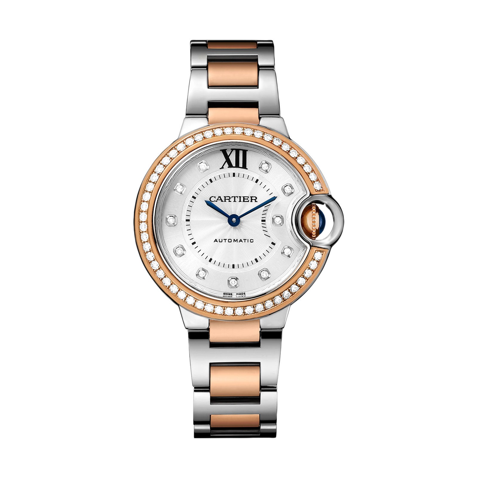 MiroTime Swiss Ballon Bleu de Cartier watch, 33 mm, rose gold, steel, diamonds