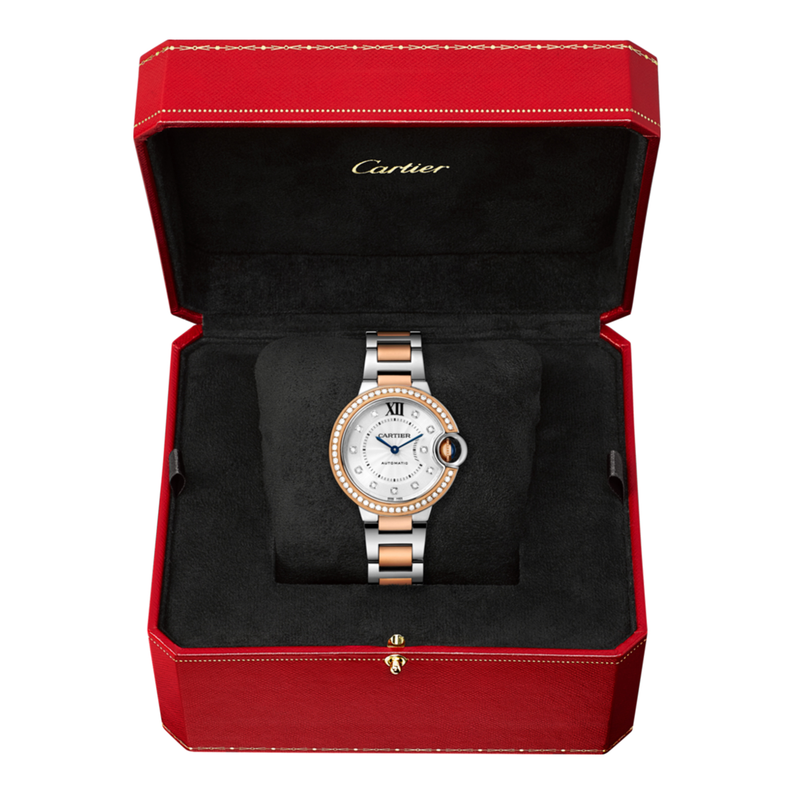 MiroTime Swiss Ballon Bleu de Cartier watch, 33 mm, rose gold, steel, diamonds