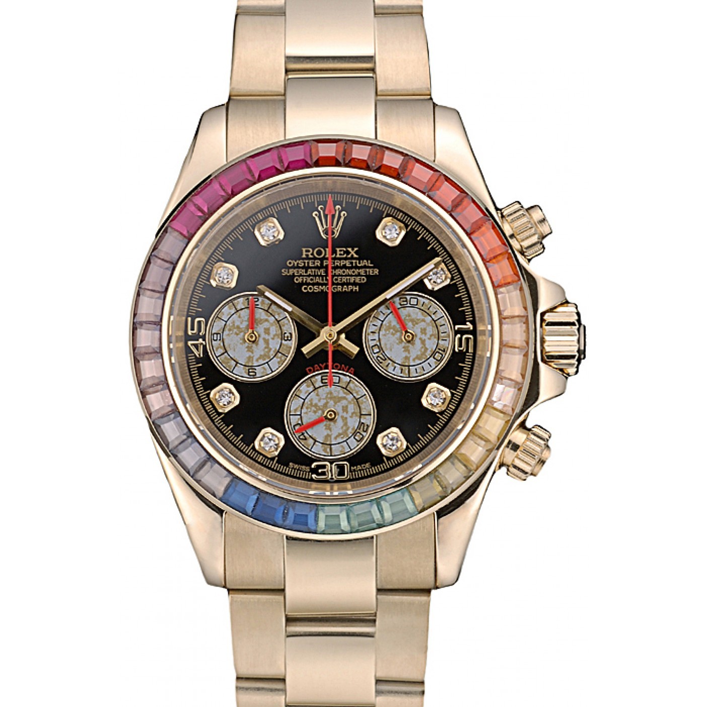 MiroTime Rolex Daytona Cosmograph Rainbow Crystals Bezel Rose Gold Strap Black Dial 80251