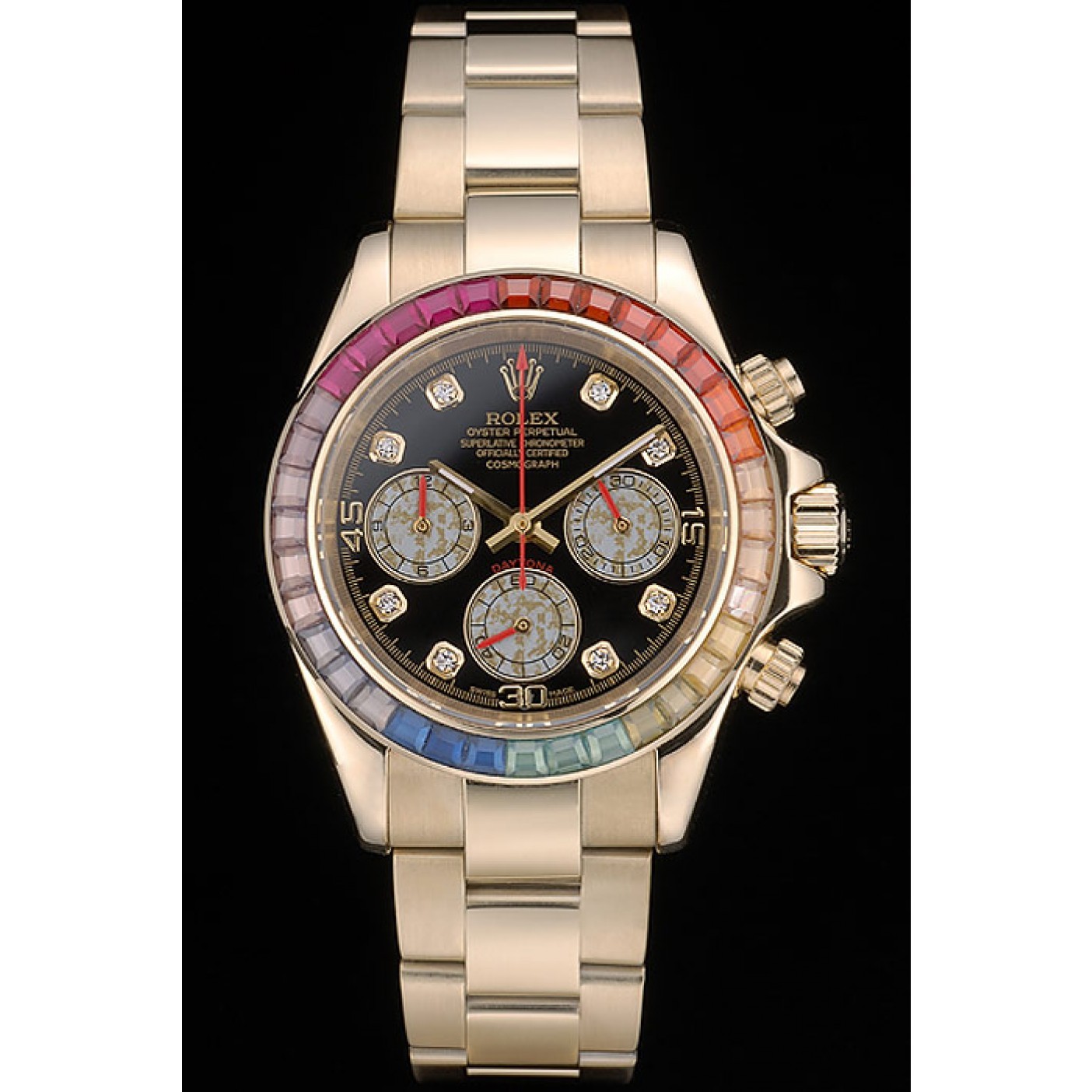 MiroTime Rolex Daytona Cosmograph Rainbow Crystals Bezel Rose Gold Strap Black Dial 80251