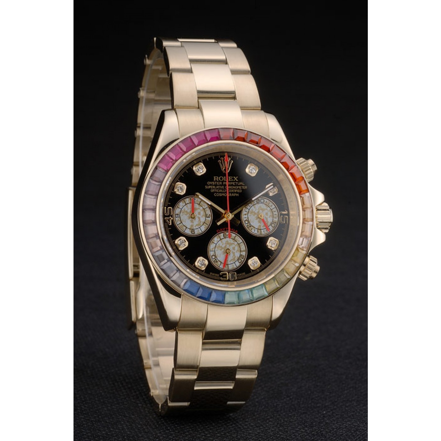 MiroTime Rolex Daytona Cosmograph Rainbow Crystals Bezel Rose Gold Strap Black Dial 80251