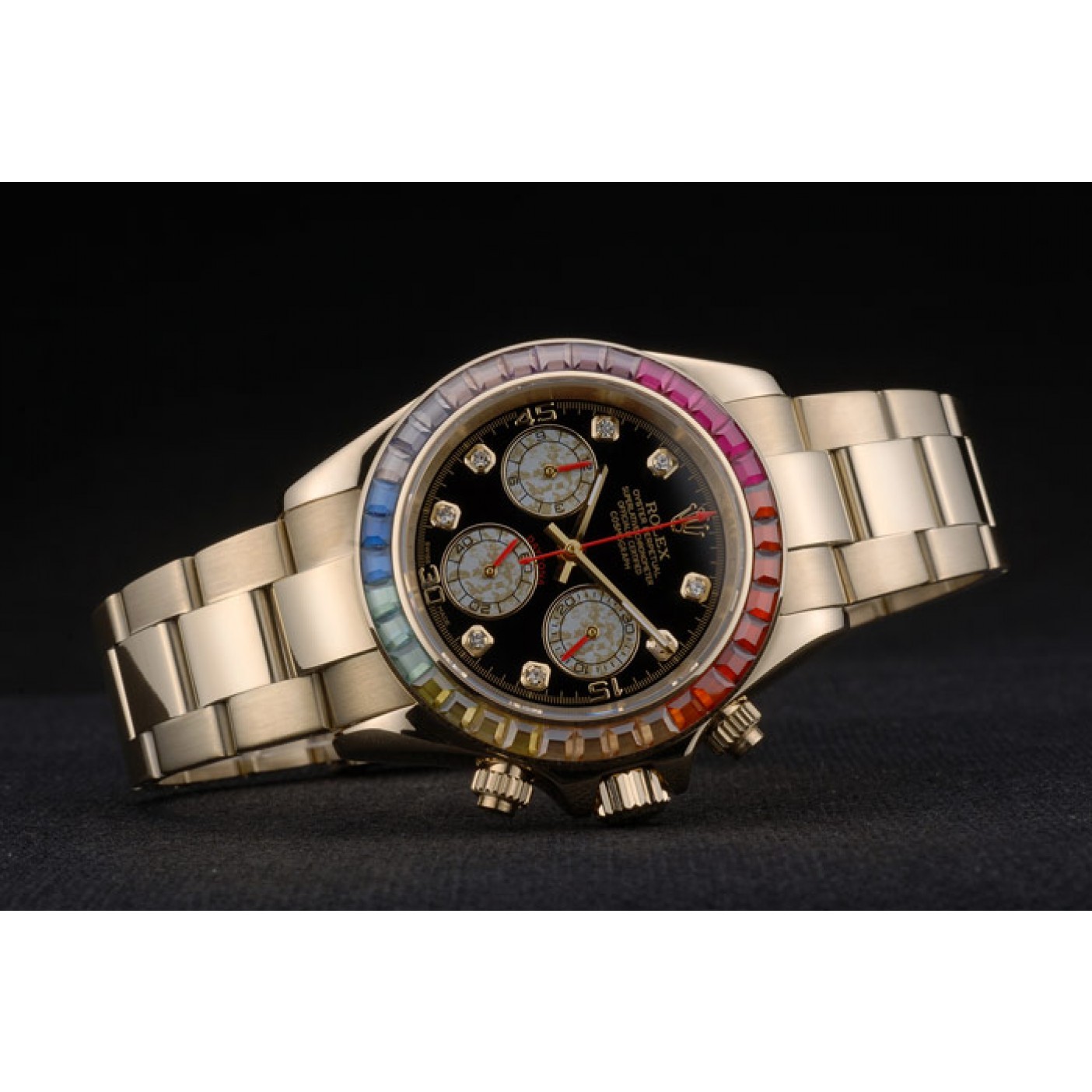 MiroTime Rolex Daytona Cosmograph Rainbow Crystals Bezel Rose Gold Strap Black Dial 80251