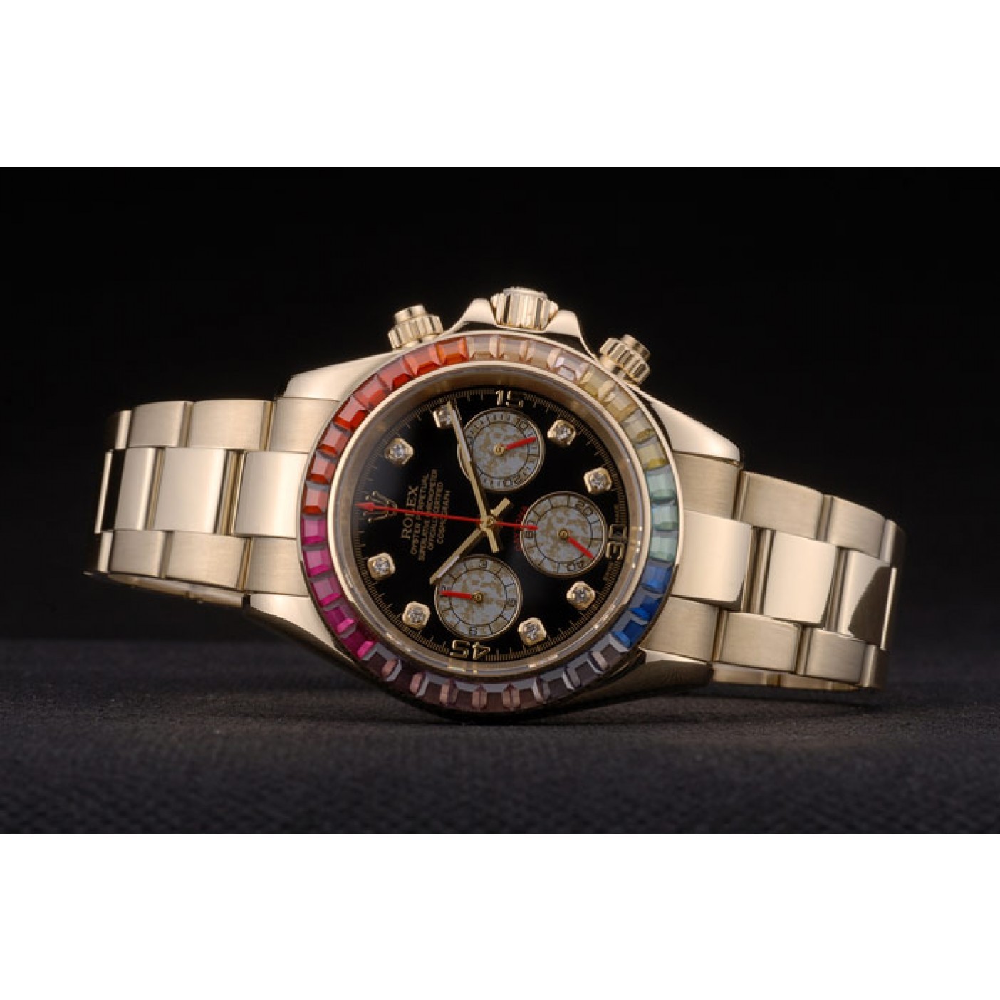 MiroTime Rolex Daytona Cosmograph Rainbow Crystals Bezel Rose Gold Strap Black Dial 80251