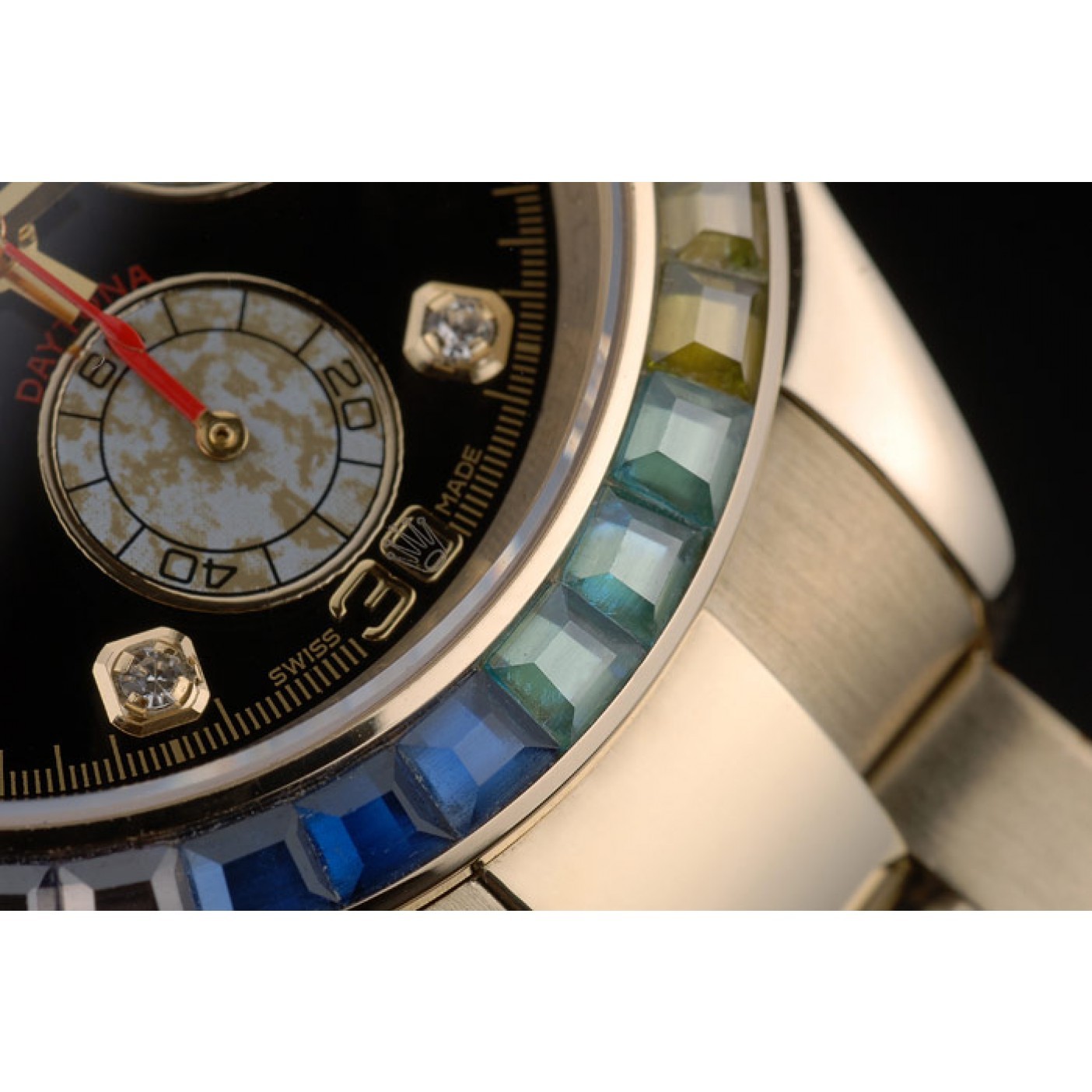 MiroTime Rolex Daytona Cosmograph Rainbow Crystals Bezel Rose Gold Strap Black Dial 80251