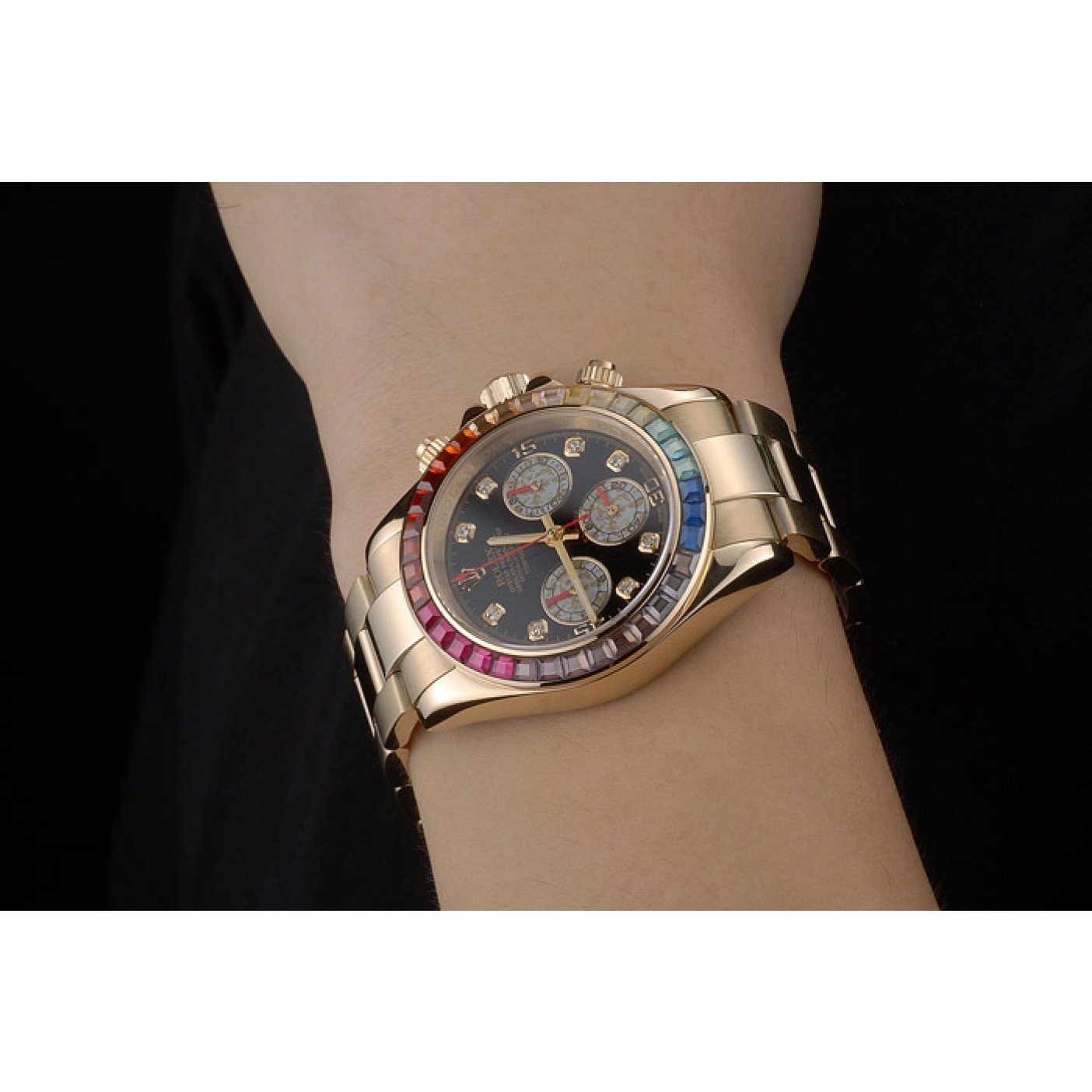 MiroTime Rolex Daytona Cosmograph Rainbow Crystals Bezel Rose Gold Strap Black Dial 80251