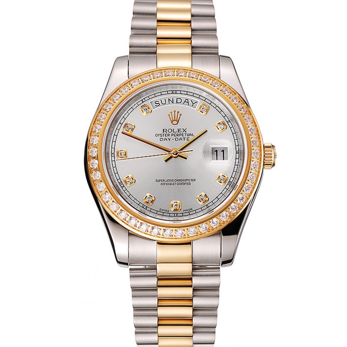 MiroTime Swiss Rolex Day-Date White Dial Gold Diamond Case Two Tone Stainless Steel Bracelet 1453971