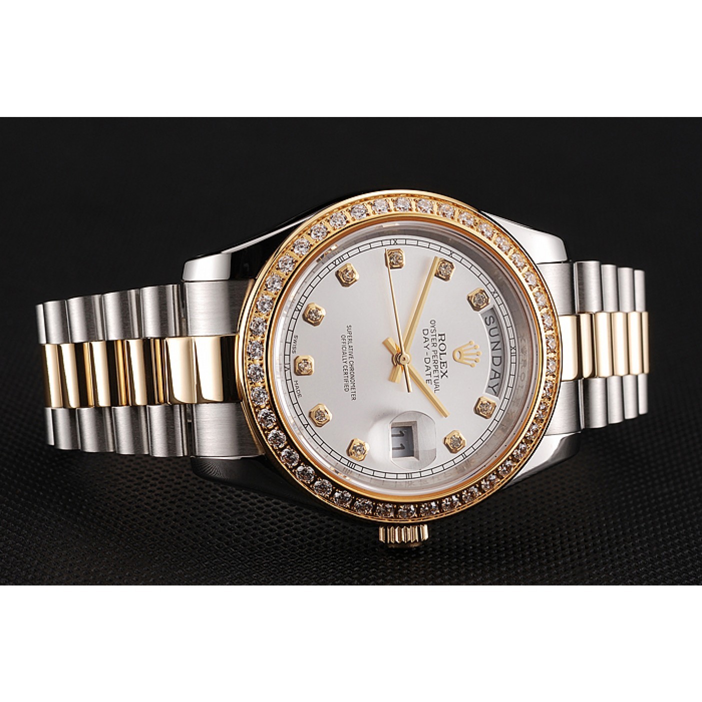MiroTime Swiss Rolex Day-Date White Dial Gold Diamond Case Two Tone Stainless Steel Bracelet 1453971
