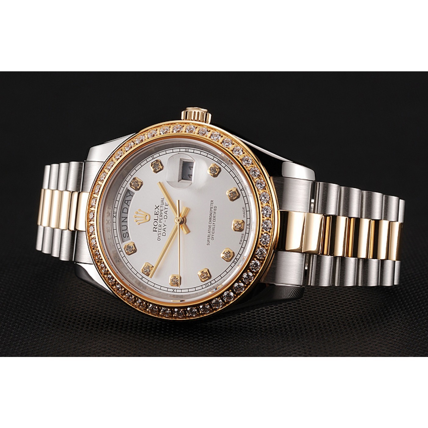 MiroTime Swiss Rolex Day-Date White Dial Gold Diamond Case Two Tone Stainless Steel Bracelet 1453971