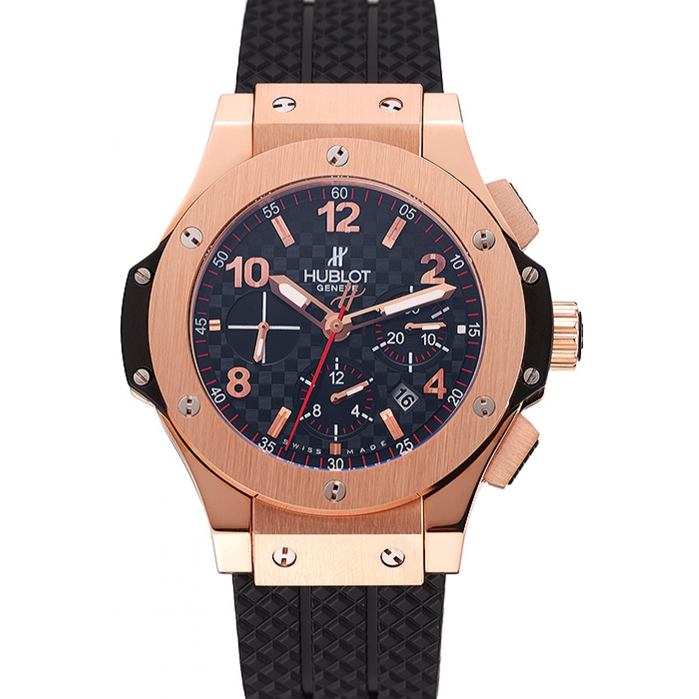 MiroTime Swiss Hublot Big Bang Carbon Effect Dial Rose Gold Case Black Rubber Bracelet 1453897