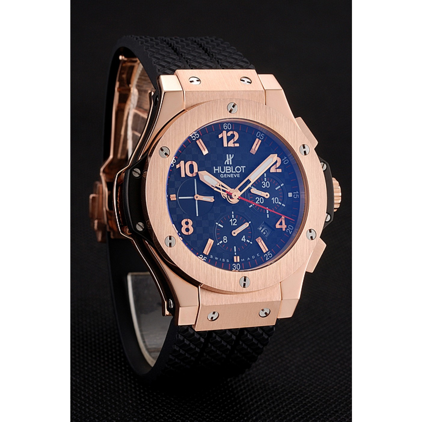 MiroTime Swiss Hublot Big Bang Carbon Effect Dial Rose Gold Case Black Rubber Bracelet 1453897