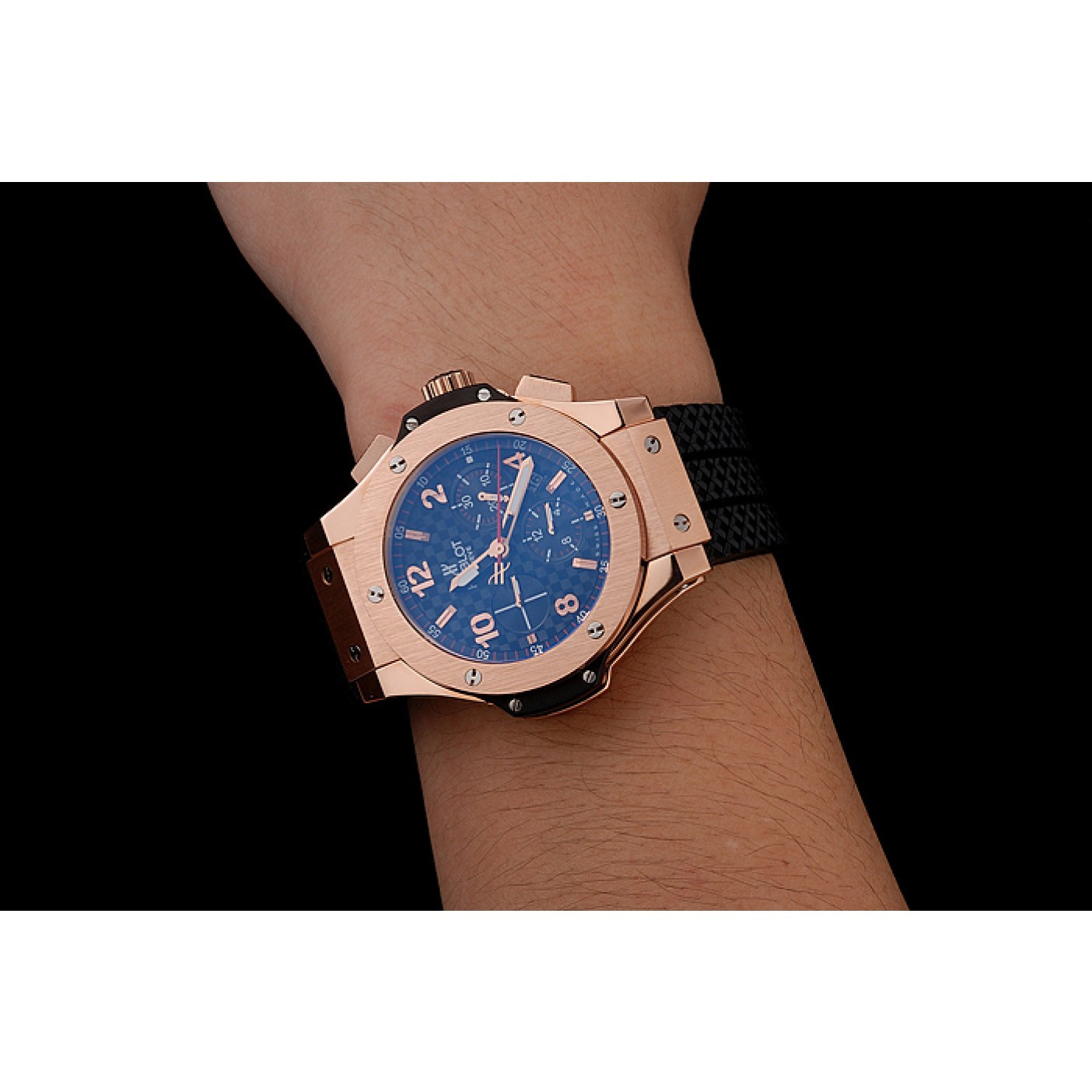 MiroTime Swiss Hublot Big Bang Carbon Effect Dial Rose Gold Case Black Rubber Bracelet 1453897