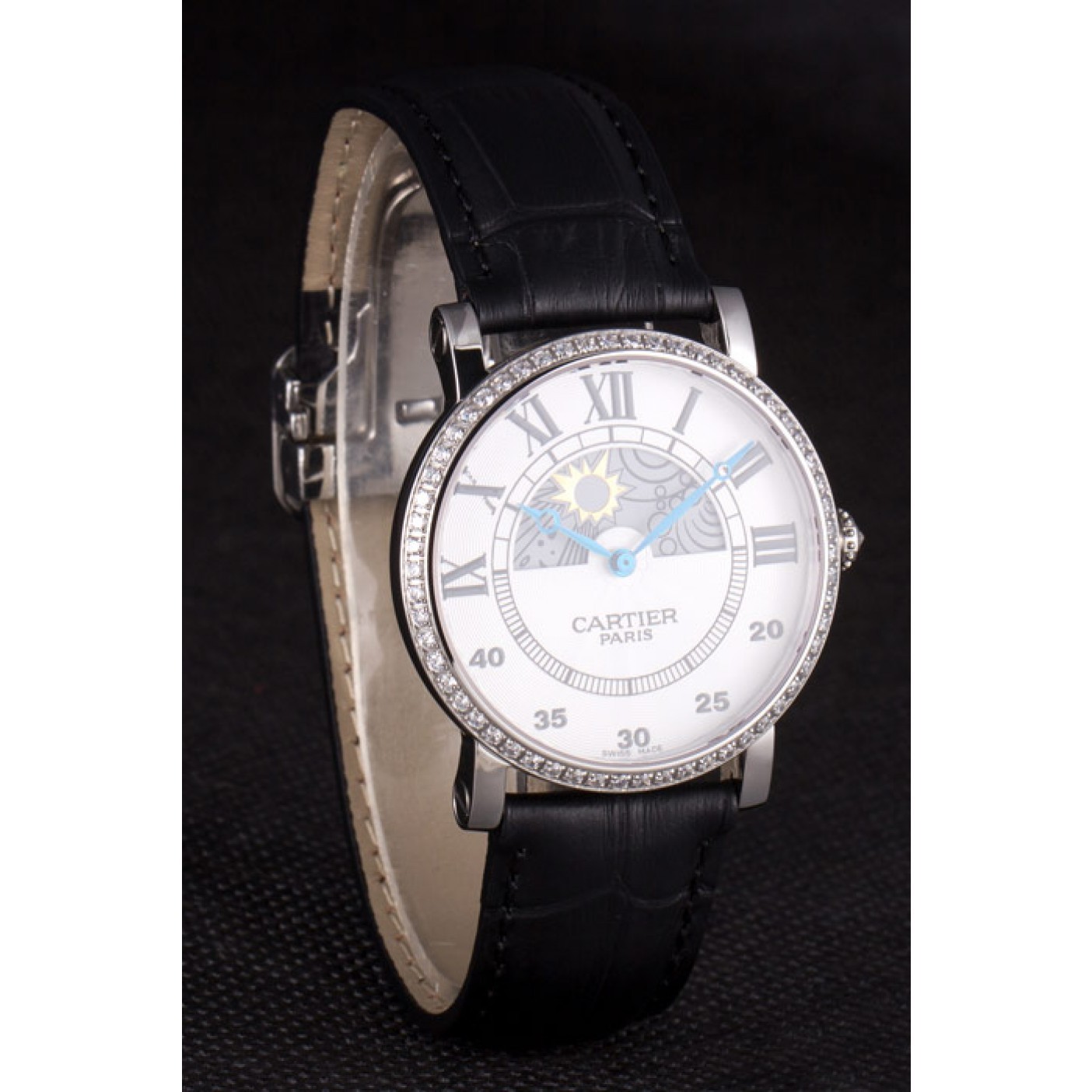 MiroTime Cartier Moonphase Silver Watch with Black Leather Band ct255 621374