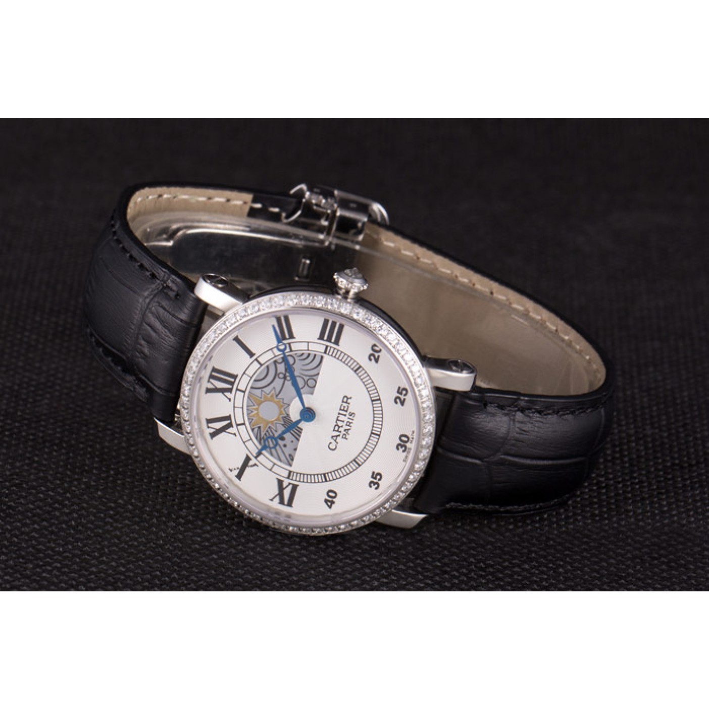 MiroTime Cartier Moonphase Silver Watch with Black Leather Band ct255 621374