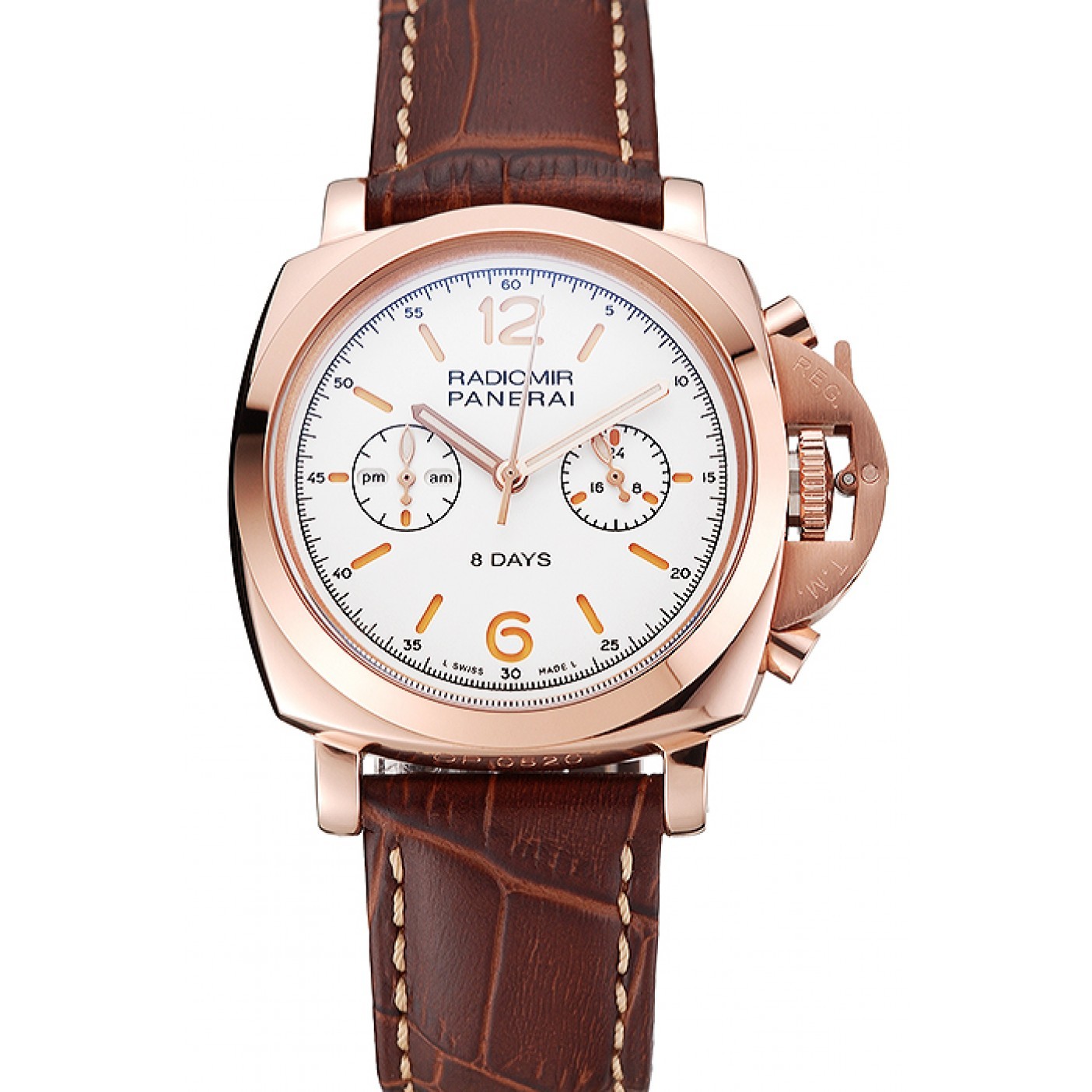 MiroTime Panerai Radiomir 8 Days Chronograph White Dial Rose Gold Case Brown Leather Strap 1453796
