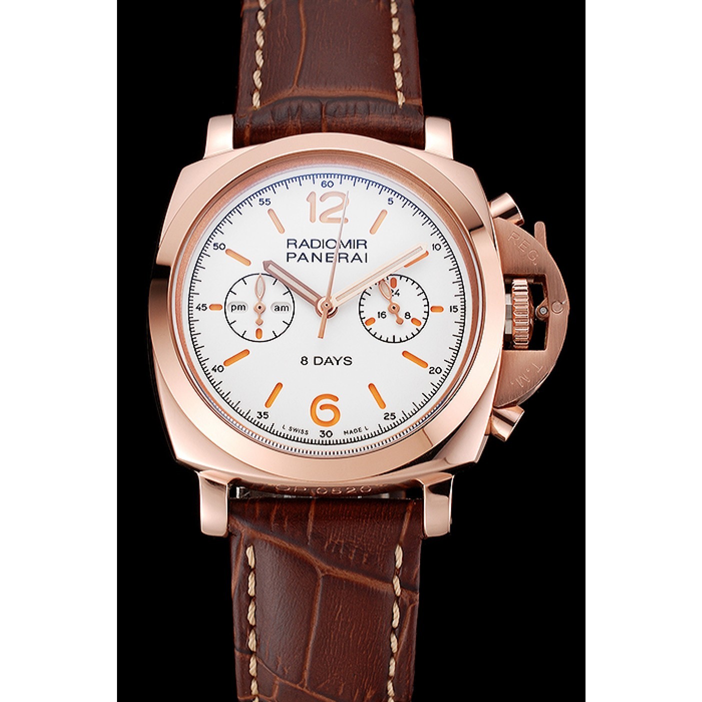 MiroTime Panerai Radiomir 8 Days Chronograph White Dial Rose Gold Case Brown Leather Strap 1453796
