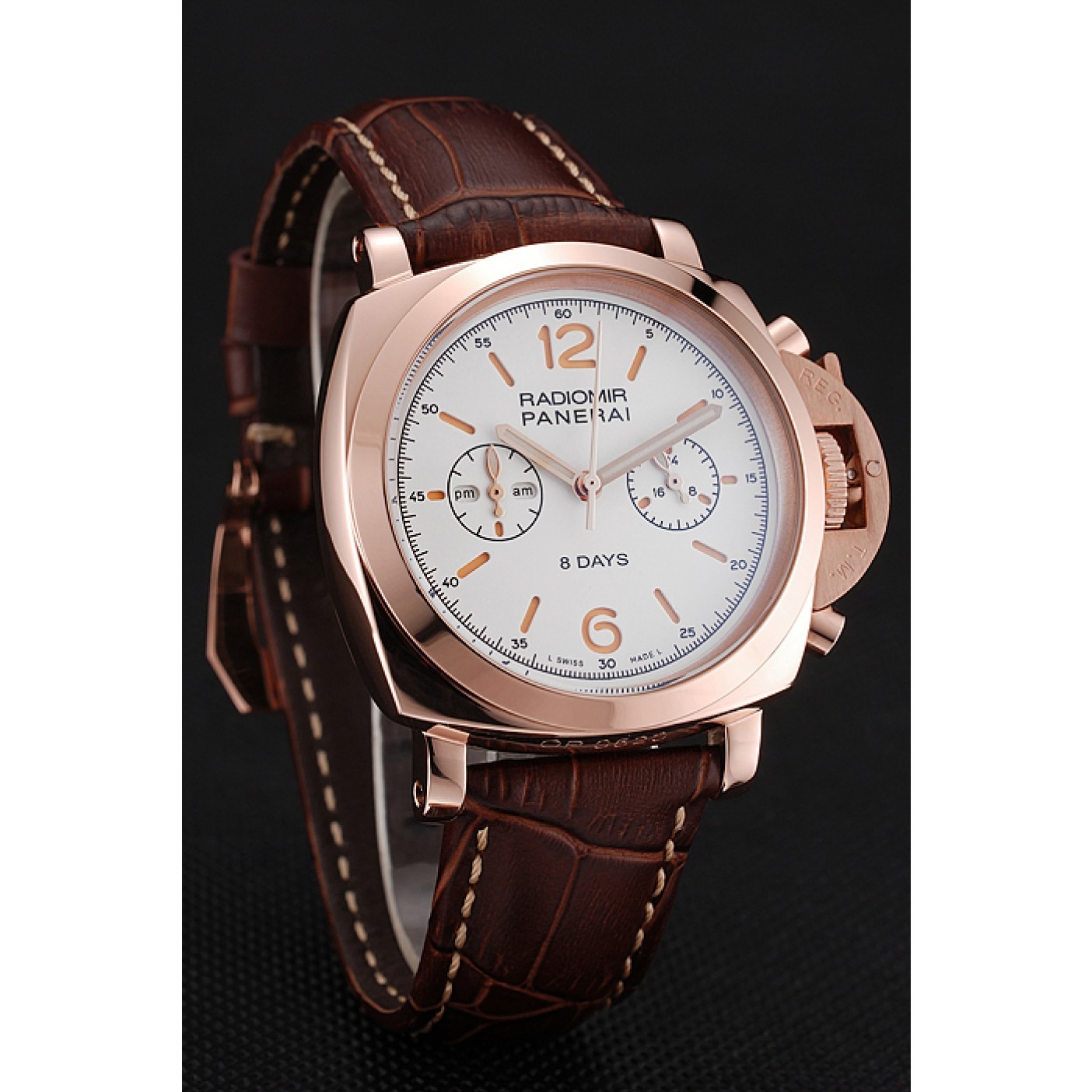 MiroTime Panerai Radiomir 8 Days Chronograph White Dial Rose Gold Case Brown Leather Strap 1453796