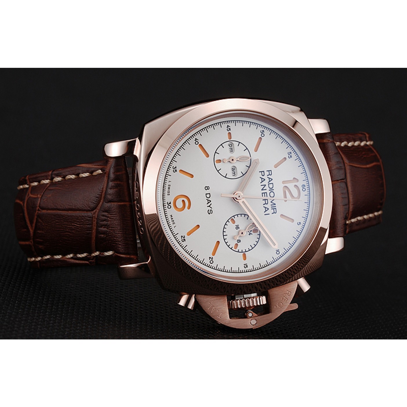 MiroTime Panerai Radiomir 8 Days Chronograph White Dial Rose Gold Case Brown Leather Strap 1453796