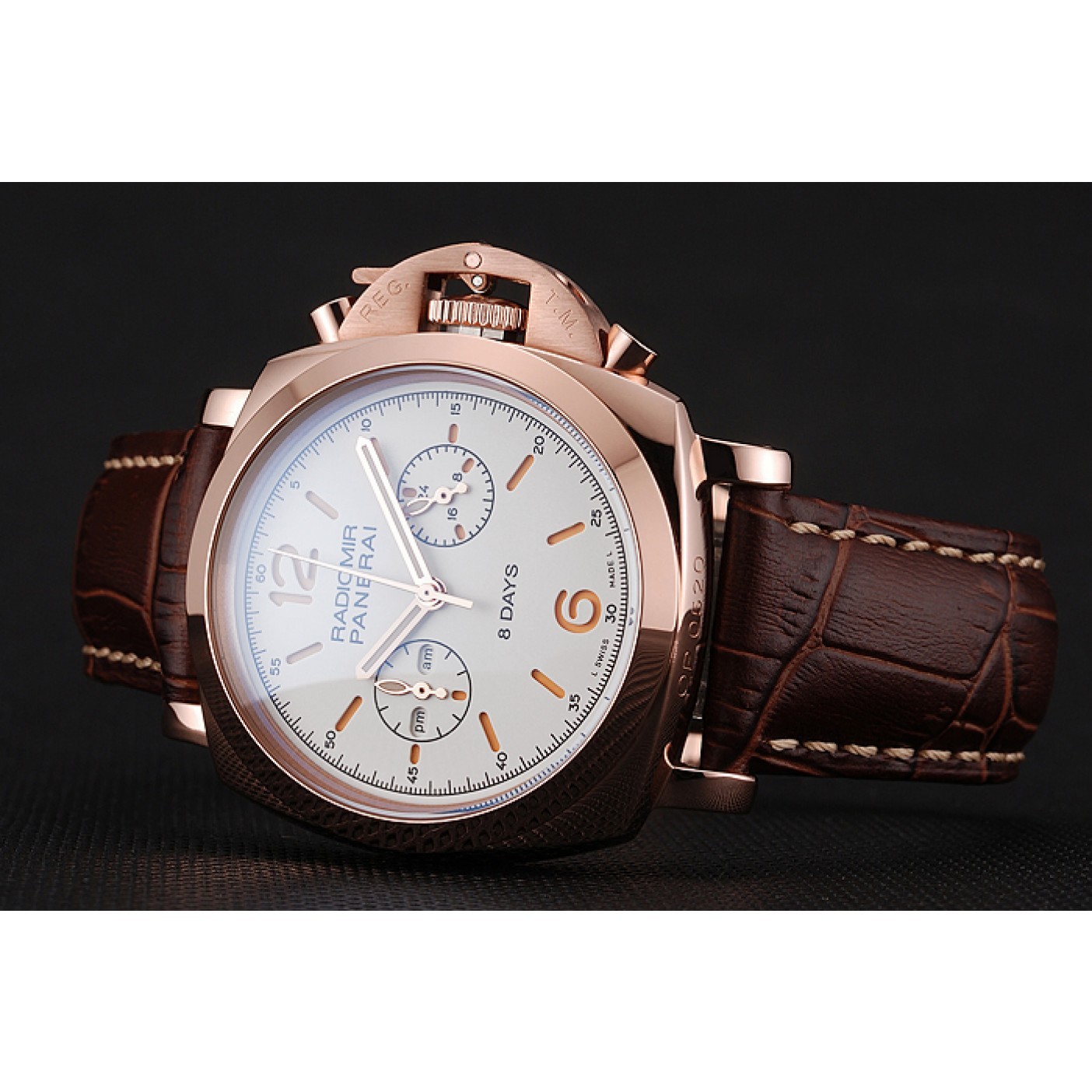 MiroTime Panerai Radiomir 8 Days Chronograph White Dial Rose Gold Case Brown Leather Strap 1453796