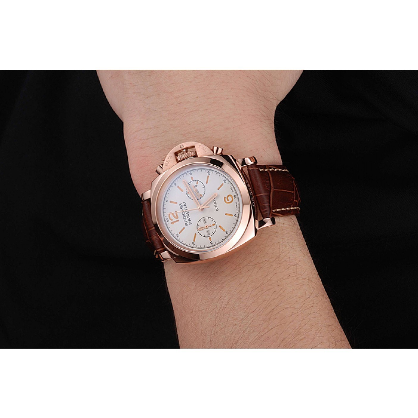 MiroTime Panerai Radiomir 8 Days Chronograph White Dial Rose Gold Case Brown Leather Strap 1453796