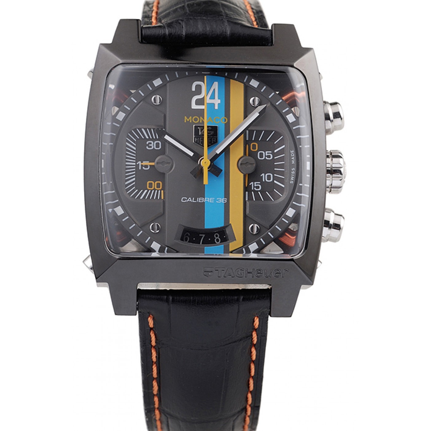 MiroTime Tag Heuer Swiss Monaco Black Leather Strap Blue-Yellow Striped Black Dial