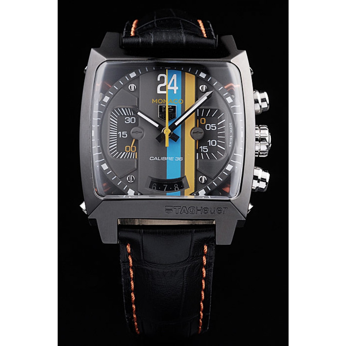 MiroTime Tag Heuer Swiss Monaco Black Leather Strap Blue-Yellow Striped Black Dial