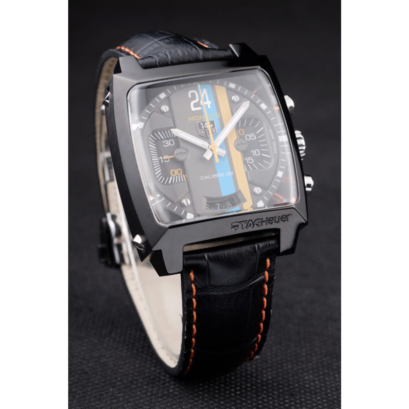 MiroTime Tag Heuer Swiss Monaco Black Leather Strap Blue-Yellow Striped Black Dial
