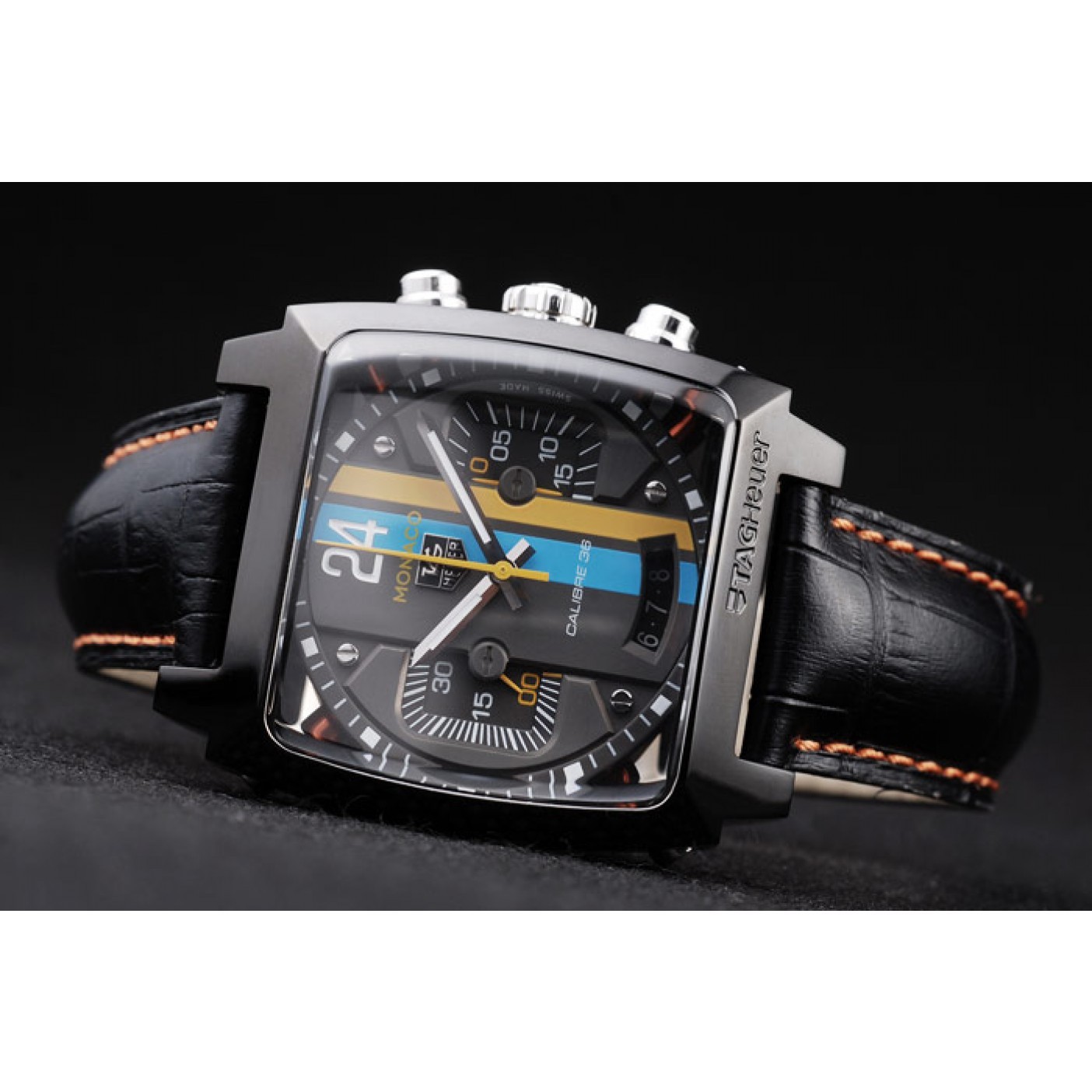 MiroTime Tag Heuer Swiss Monaco Black Leather Strap Blue-Yellow Striped Black Dial