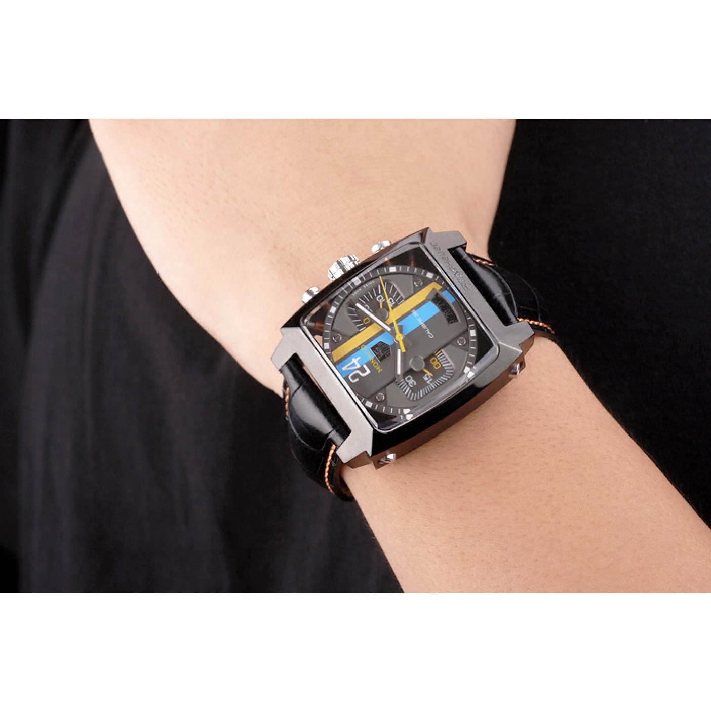 MiroTime Tag Heuer Swiss Monaco Black Leather Strap Blue-Yellow Striped Black Dial