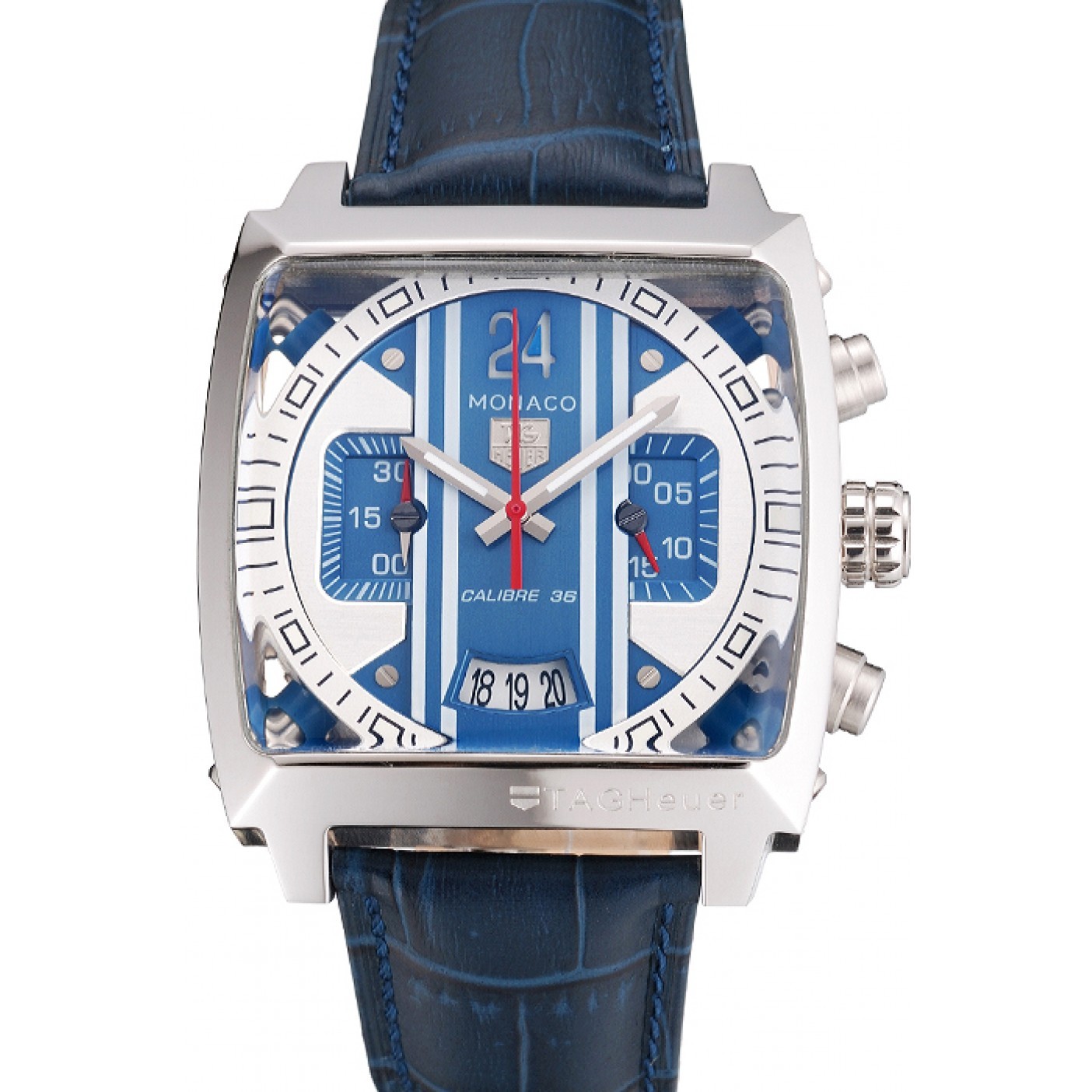 MiroTime Tag Heuer Monaco 24 Calibre 36 Chronograph Blue And Grey Stripes Dial Blue Leather Strap 622273