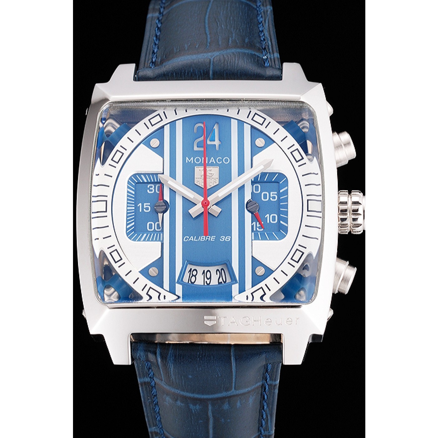 MiroTime Tag Heuer Monaco 24 Calibre 36 Chronograph Blue And Grey Stripes Dial Blue Leather Strap 622273