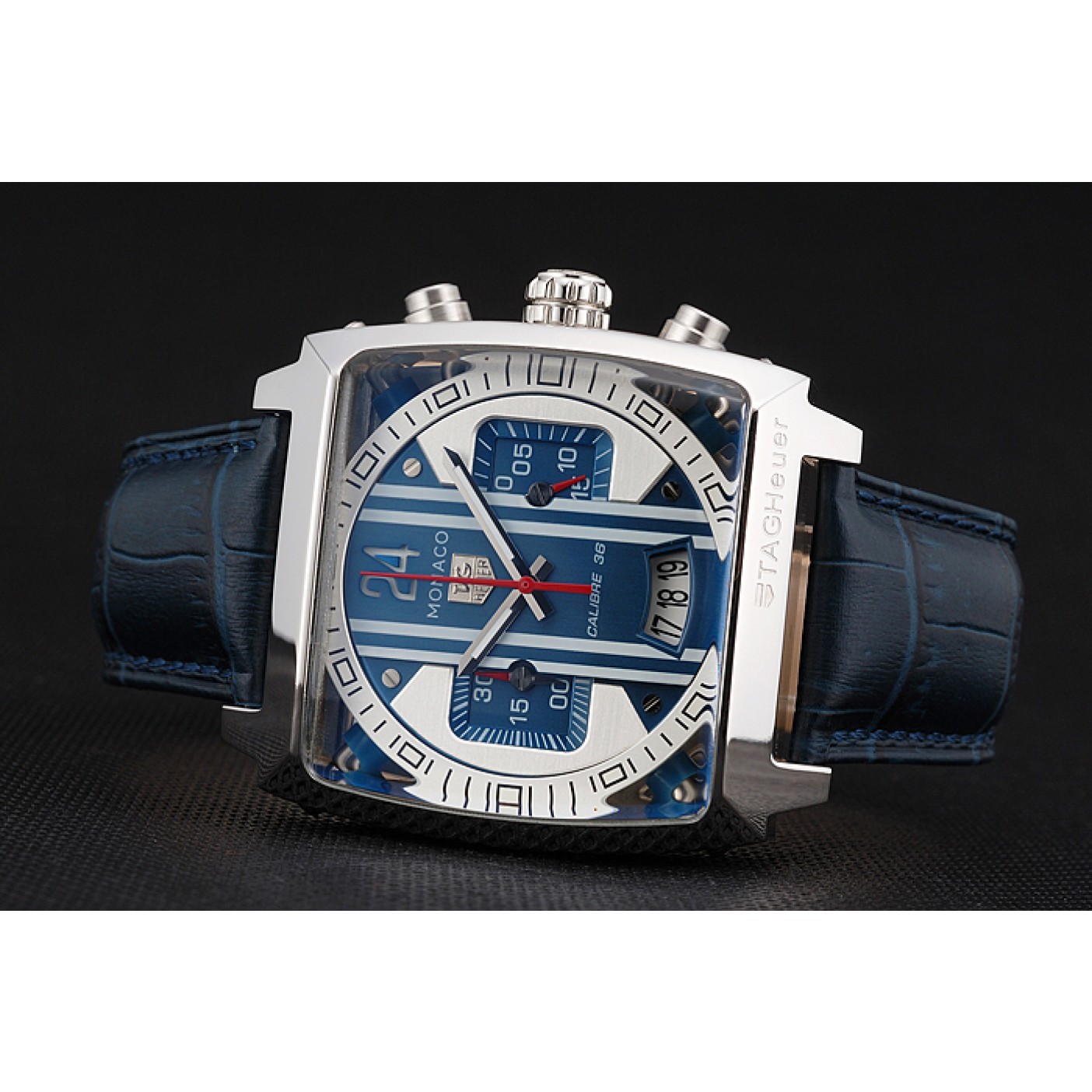 MiroTime Tag Heuer Monaco 24 Calibre 36 Chronograph Blue And Grey Stripes Dial Blue Leather Strap 622273