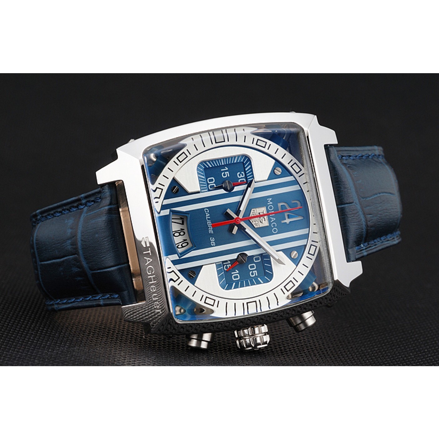 MiroTime Tag Heuer Monaco 24 Calibre 36 Chronograph Blue And Grey Stripes Dial Blue Leather Strap 622273