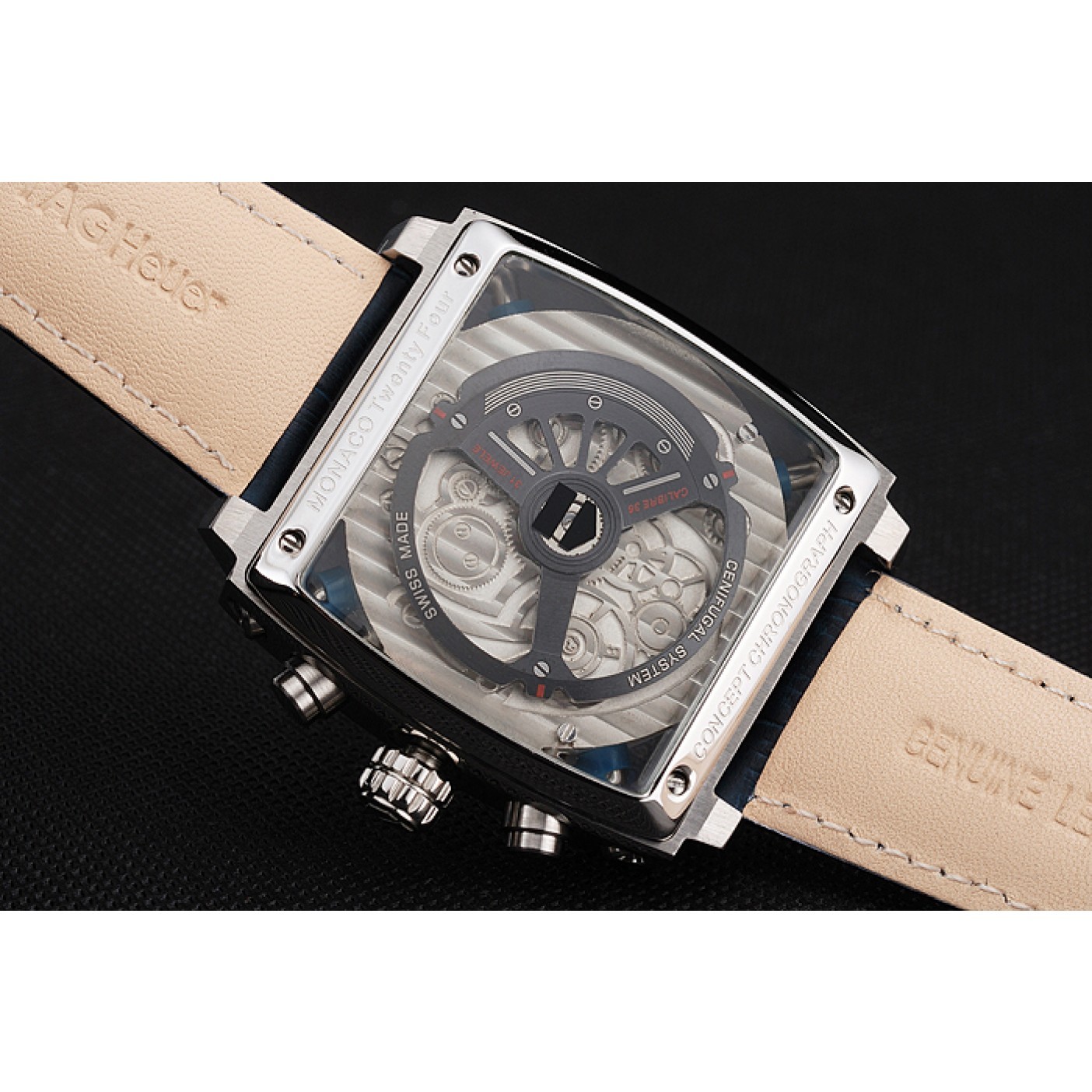 MiroTime Tag Heuer Monaco 24 Calibre 36 Chronograph Blue And Grey Stripes Dial Blue Leather Strap 622273