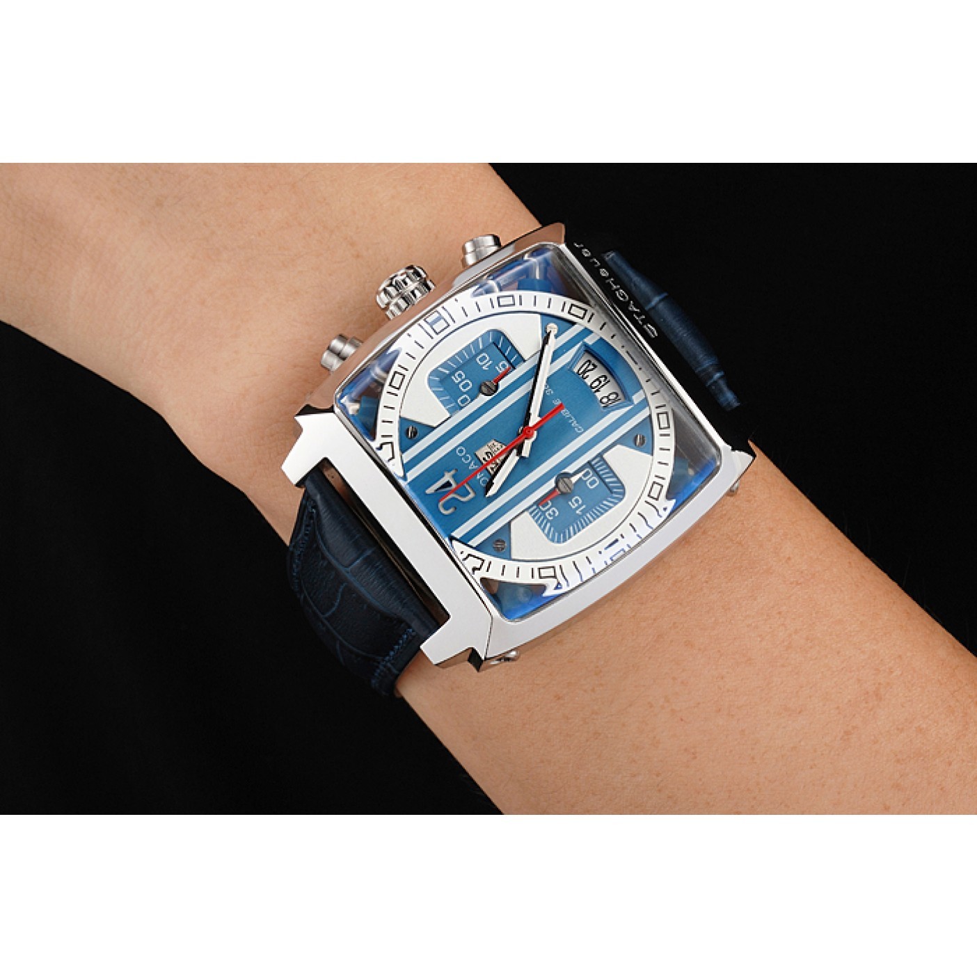 MiroTime Tag Heuer Monaco 24 Calibre 36 Chronograph Blue And Grey Stripes Dial Blue Leather Strap 622273
